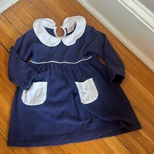 Luigi Kids navy dress, empire waist Peter Pan collar, white pockets on front 2T